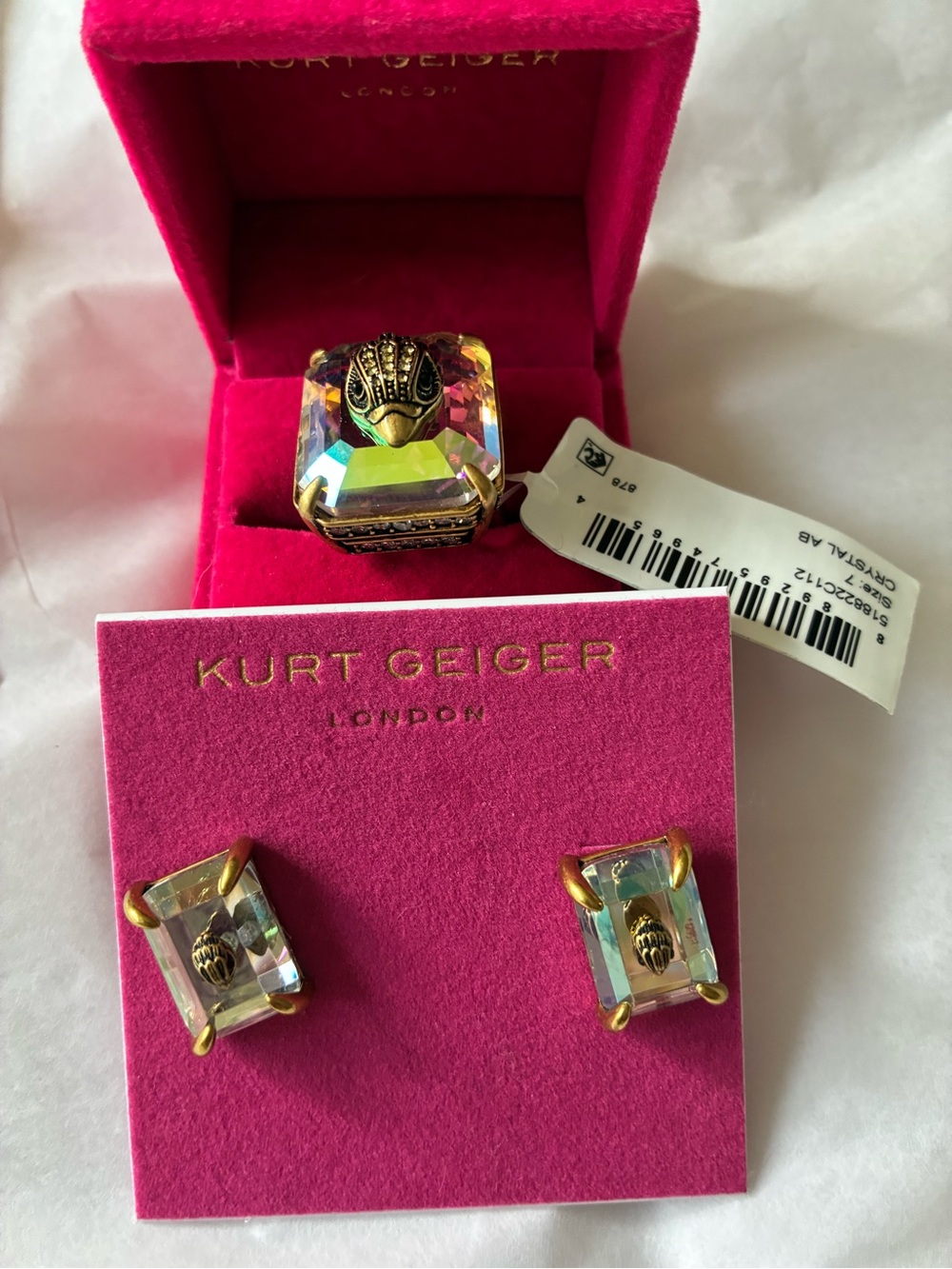 Kurt Geiger Gold-Tone Ring and Stud Earrings with Aurora Crystal, size 7 - Picture 6 of 10